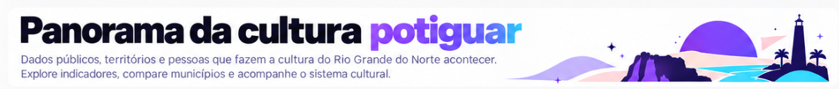 Panorama da cultura potiguar. Dados públicos, territórios e pessoas que fazem a cultura do Rio Grande do Norte acontecer. Explore indicadores, compare municípios e acompanhe o sistema cultural.